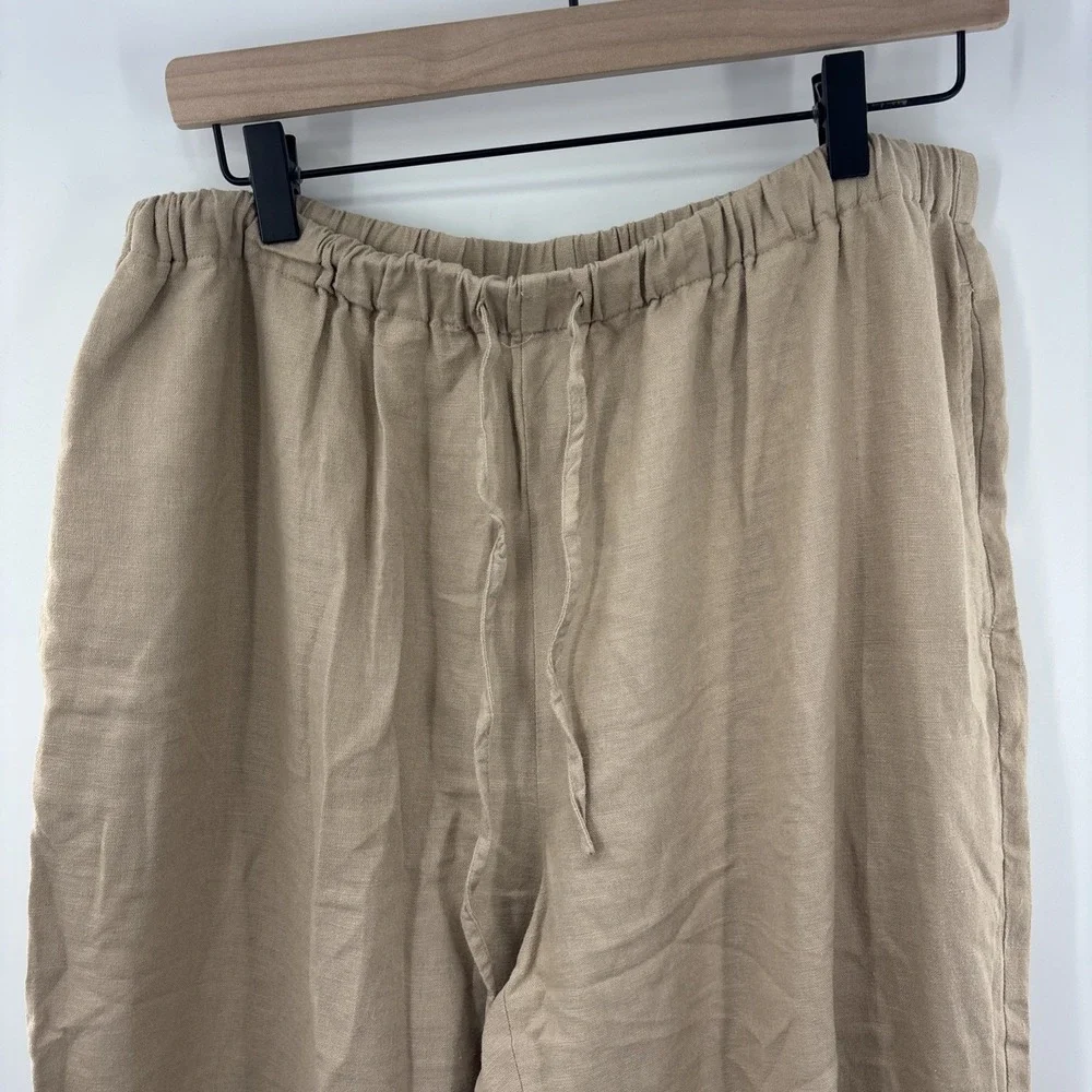 CJ Banks Linen Cotton Wide Leg Pants Womens 14W Beige Neutral‎ Embroidered Boho
